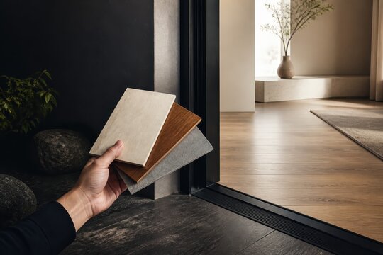 Hand holding tile samples in a modern interior with warm natural light and minimalist home design