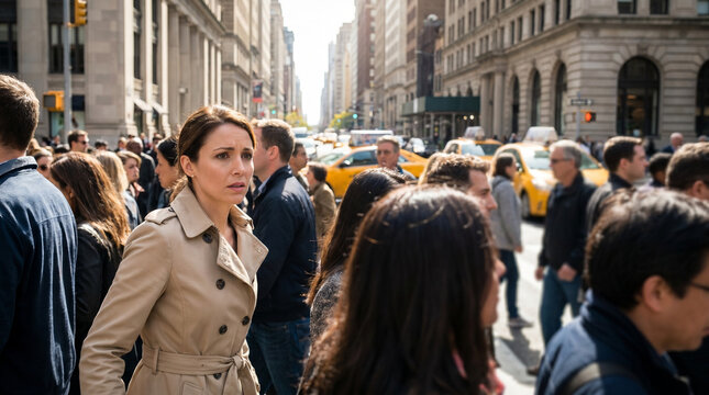 Woman in beige trench coat appearing stuck in a bustling city crowd with taxis and historic buildings in the background on a sunny day
