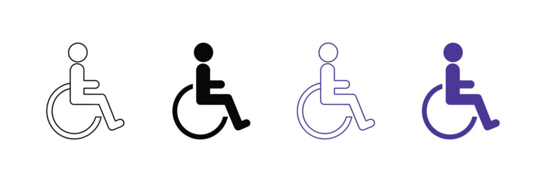wheelchair accessibility symbol line and solid icon set, disability access inclusivity and mobility support outline and silhouette symbol collection vector illustration.