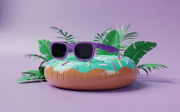 3 d inflatable donut pool float with purple sunglasses and tropical leaves