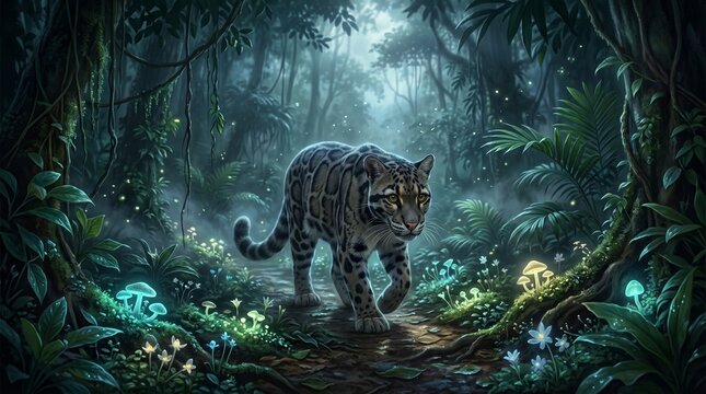 International Clouded Leopard Day Moonlit Phantom Night Bloom Path Bioluminescent Rainforest Wildlife Illustration.