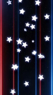Animated Stars and Neon Lights in Red Blue Colors Falling Down Against a Starry Night Sky Background for Independence Day Celebration