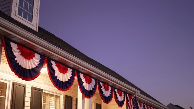 American Patriotic Bunting Decorates House Exterior Under Twilight Sky Celebrating Independence Day and Fourth of July