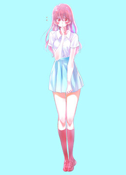 もじもじする女子学生　赤面　夏服　半袖