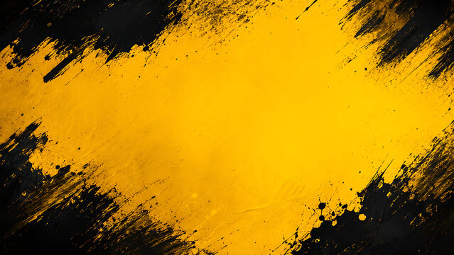Dynamic Yellow and Black Grunge Background with Distressed Brush Stroke Border - Abstract Artistic Texture