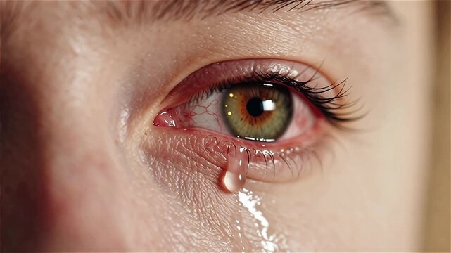 Extreme Macro Close-Up of Crying Human Eye with Tear Rolling Down Cheek Revealing Detailed Green Hazel Iris Pupil Blood Vessels and Long Eyelashes on Neutral Warm Background