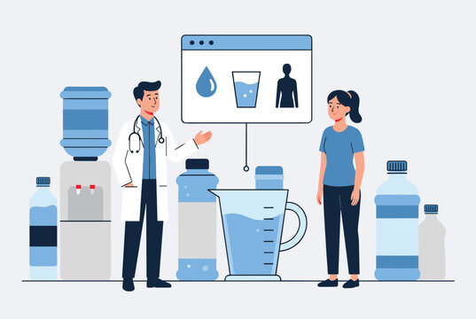 Medical advice on healthy hydration with a doctor explaining water intake to a woman using digital charts and various water containers.