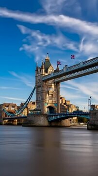 Tower Bridge in London, UK, United Kingdom. Time lapse in vertical video.