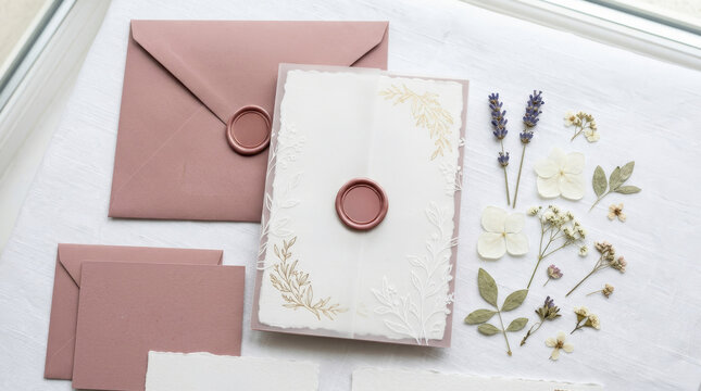 Elegant stationery featuring pink envelopes and a decorative wax seal, accompanied by dried flowers for a romantic touch.