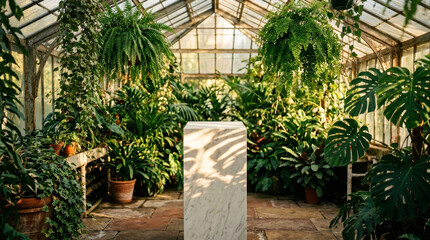 Fototapeta premium A serene greenhouse filled with lush greenery, featuring hanging ferns and potted plants, centered around a minimalist marble pedestal.