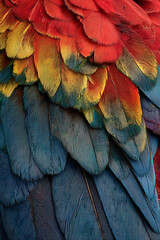 Obraz premium Close up macro shot of vibrant scarlet macaw feathers showing intricate detail and texture.