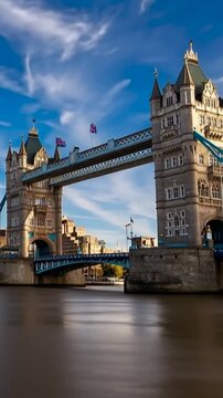 Tower Bridge in London, UK, United Kingdom. Time lapse in vertical video.