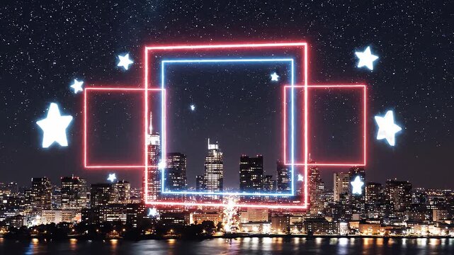 Fourth of July Celebration Over City Skyline with Neon Stars and Geometric Shapes Independence Day