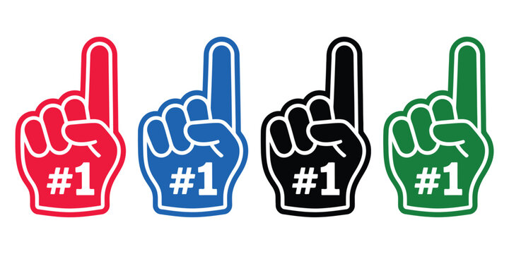 Fan foam hands number one set vector illustration featuring sports fan finger gloves with #1 sign, colorful red blue green black icons, championship support concepts, and modern editable design.