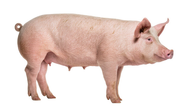 Pink pig with curly tail standing, isolated on transparent background