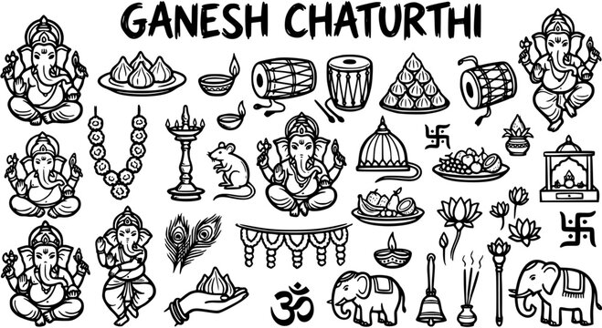 Ganesh Chaturthi Hindu Festival Black and White Line Art Icons Set. Outline Doodle Elements for Indian Culture and Spirituality Celebrations.