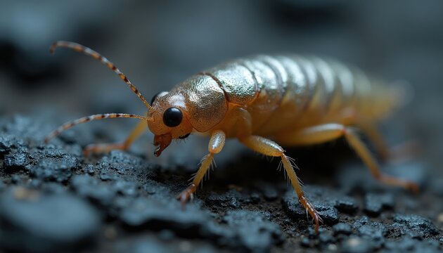 Extreme closeup macro of silverfish insect crawling on dark rough surface. Small primitive creature with shiny metallic body scales, long antennae, and segmented legs. Nature study of pest survival.