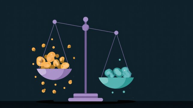 This digital illustration shows a balance scale featuring hormone symbols to represent PCOS hormone imbalance with a dark background.