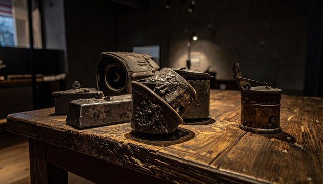 Collection of Tarnished Antique Tin Artifacts and Ingots Displayed on a Weathered Wooden Table