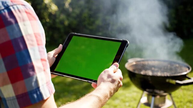 Man Holding Tablet with Green Screen Near Barbecue Grill with Smoke on Sunny Day