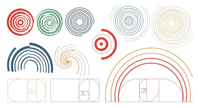 Abstract Geometric Spiral Shapes and Fibonacci Sequence Elements
