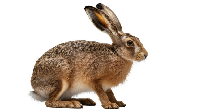 Brown hare with long ears sitting alert, isolated on transparent background