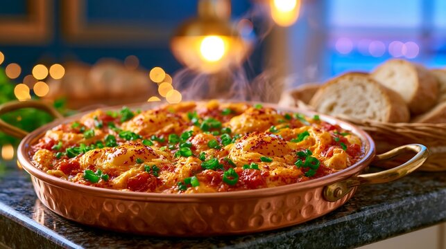 Steaming Turkish menemen egg food served in a traditional copper pan