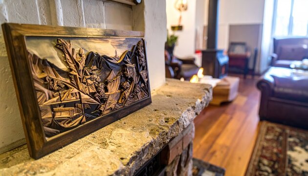 Detailed wood carving art on a decorative wooden plaque, showcasing intricate pyrography designs near a fireplace