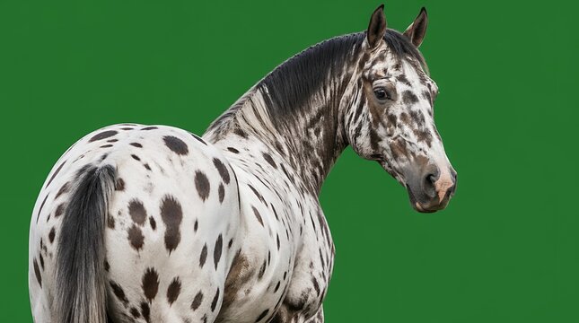 Majestic Spotted Horse with Leopard Coat Pattern Looking Back Over Shoulder on Green Background