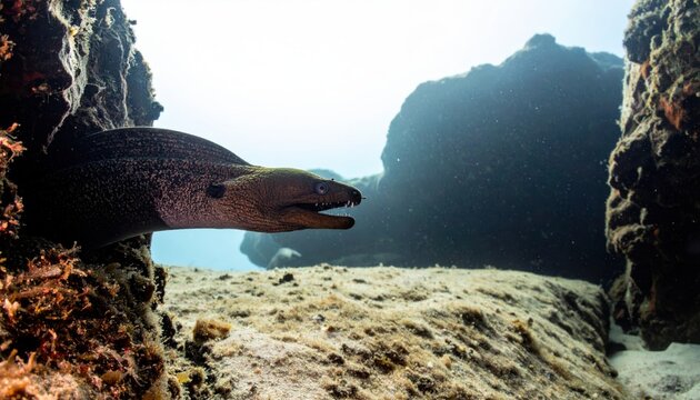 Threatening Moray Eel With Sharp Teeth Peeking From Rocky Underwater Crevice