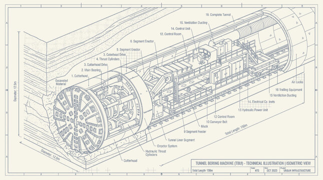 The tunnel boring machine operates underground to excavate a new transportation tunnel section.
