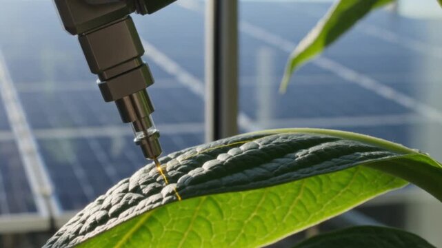 Cinematic shot of a robotic sensor arm scanning a green plant leaf with a laser inside a high tech biotech laboratory greenhouse