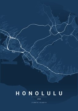 Architectural Honolulu City Map Poster, Blueprint Style Urban Street Grid Illustration