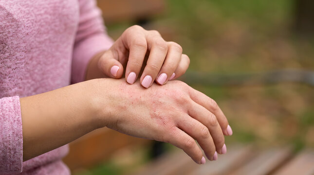 Woman scratching inflamed skin with eczema on hands