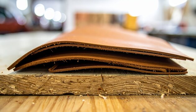 Stack of carefully prepared soft and pliable leather squares on rough sawn wood