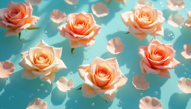 Delicate peach and cream roses float on aqua water with scattered petals. Gentle bubbles rise in soft light creating serene spa ambiance for beauty and wellness.