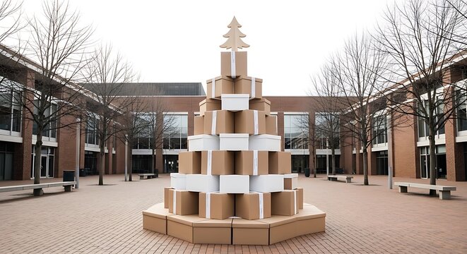 Cardboard boxes arranged as a holiday tree stand in a corporate courtyard. Symmetrical composition and soft daylight highlight the creative concept for retail holiday promotions.