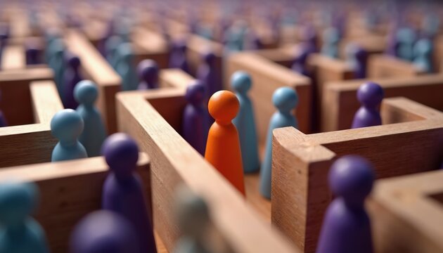 Single orange figure navigates wooden maze filled with blue, purple pawns. This unique individual stands out against conformity of group, representing strategy, problem solving in complex environment.