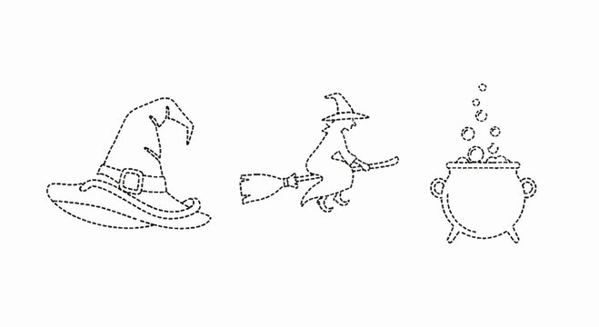 Whimsical Halloween Witch Hat Broom and Cauldron Icons.