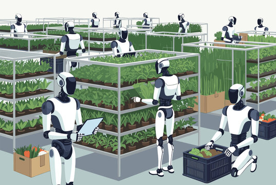 Team of advanced robots working in a vertical indoor farm managing plants on high tech shelving for automated agriculture and food security.