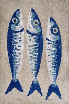 Blue sardines illustration in textured painterly style minimal seafood artwork coastal aesthetic marine life decorative poster hand painted fish design