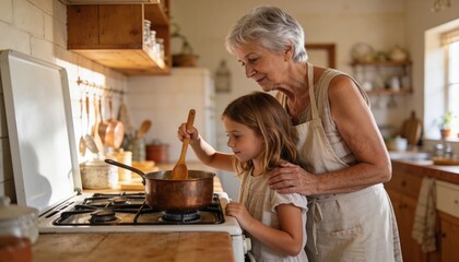 Naklejka na ściany i meble Grandmother in her early seventies with light skin and short silver hair wearing a soft linen apron, standing beside a young girl around six years old with light brown hair at a kitchen stove