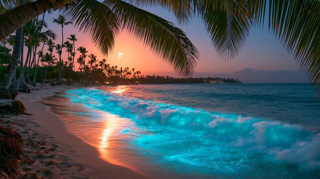Bioluminescent waves crashing on a tropical beach at sunset