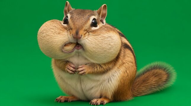 Funny Adorable Chipmunk with Stuffed Cheeks Holding a Nut Isolated on Green Background