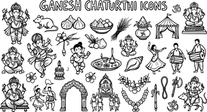 Ganesh Chaturthi Icons Black and White Line Art for Hindu Festival Celebration