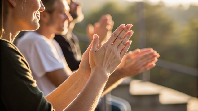 People applauding, focusing on hands clapping with blurred background and warm sunlight, conveying appreciation and positive emotion.