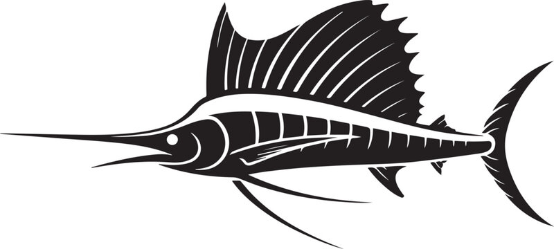 Black silhouette of a sailfish with large dorsal fin. logo Vector Black silhouettes
