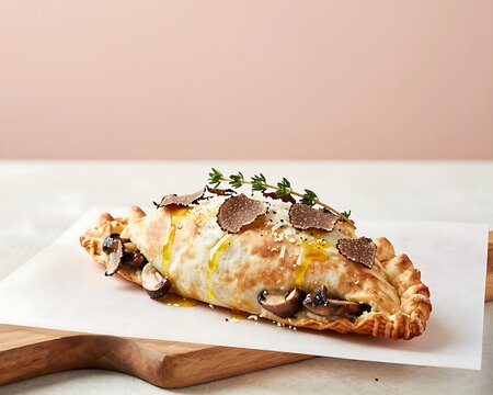 Gourmet calzone boscaiola with mushrooms and fresh truffle shavings