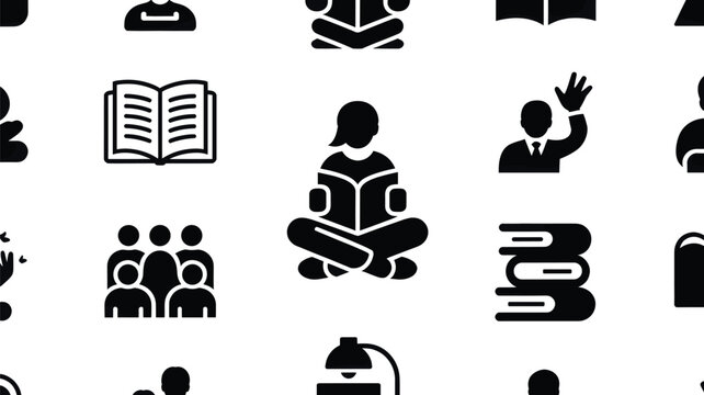 Seamless Pattern of Black Education and Learning Icons on White Background