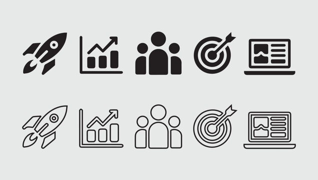 Business growth icons depicting strategy analytics teamwork goals and technology